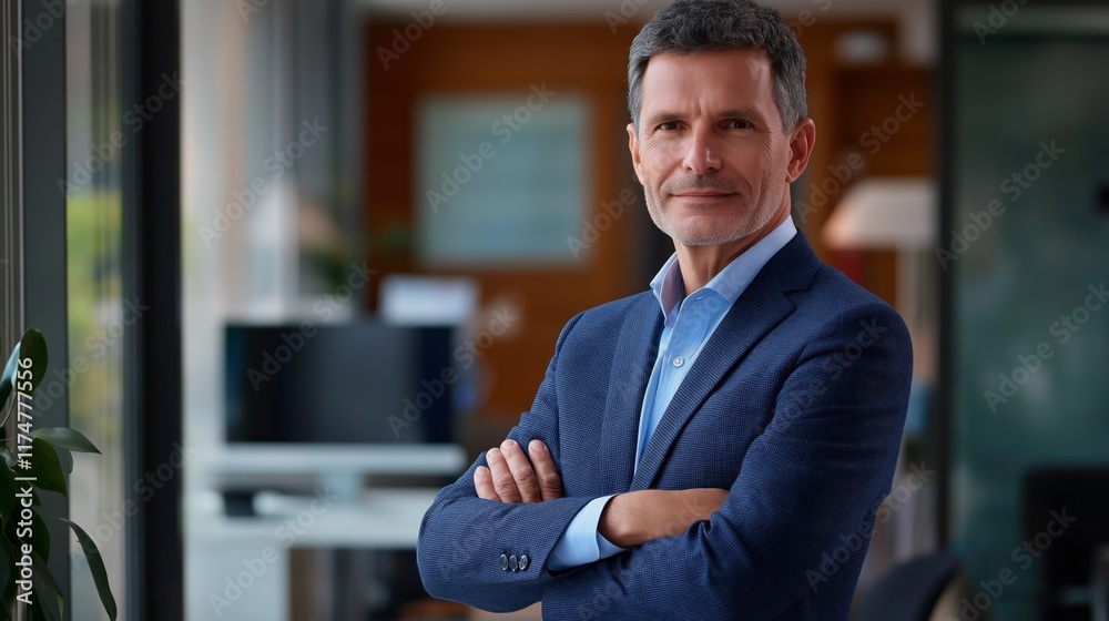Poster a composed ceo dressed in a tailored blazer stands with arms crossed in a stylish office. bright nat