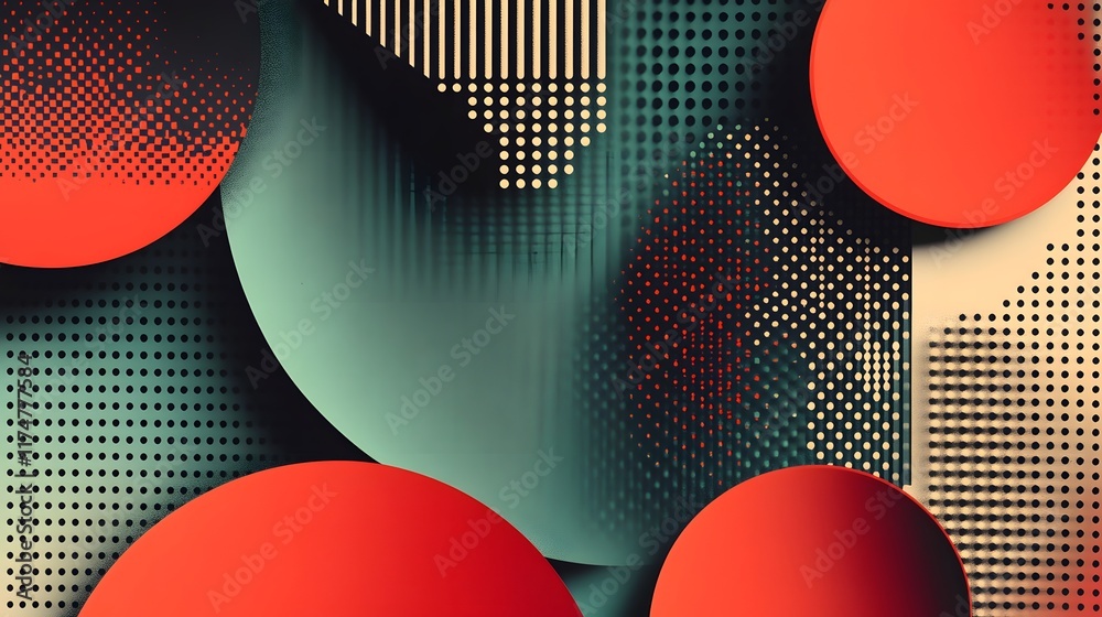 Poster striking composition of abstract geometric shapes spheres and patterns in vivid neon colors and grad