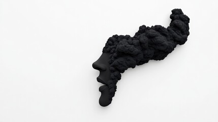 Abstract Black Sculpture: Profile of a face with textured, swirling, cloud-like forms emerging from...