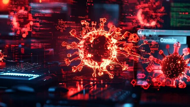 A conceptual visualization of a cyber virus spreading through a digital workspace. Glowing red virus shapes hover amid computer screens filled with code, symbolizing digital threats, cybersecurity 