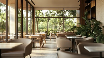 Fototapeta premium A contemporary restaurant lounge area with comfortable armchairs, sleek tables, and natural light streaming through windows.