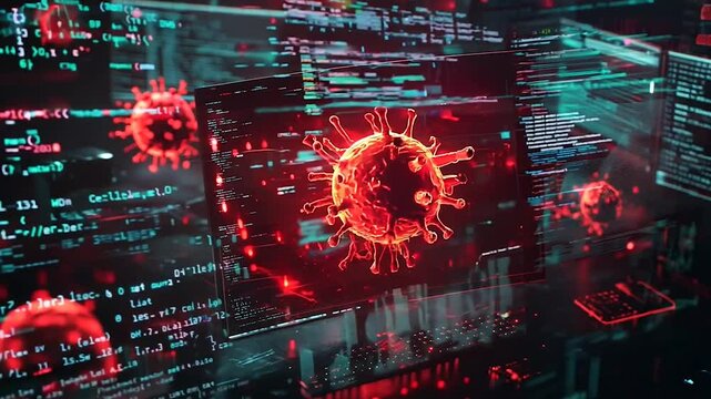A conceptual visualization of a cyber virus spreading through a digital workspace. Glowing red virus shapes hover amid computer screens filled with code, symbolizing digital threats, cybersecurity 
