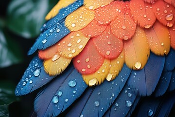 Colorful feathers of a bird glisten with raindrops under natural light in a lush green setting