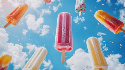 Variety of colorful summer popsicles with ice and fruit. Top view close up on a  banner background.

