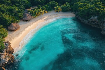 Serene tropical beach with turquoise waters and lush green surroundings during a sunny day