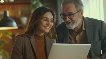 Two business executives engage in a productive discussion, sharing ideas and strategies while looking at a laptop. The warm atmosphere enhances their teamwork in a modern office space