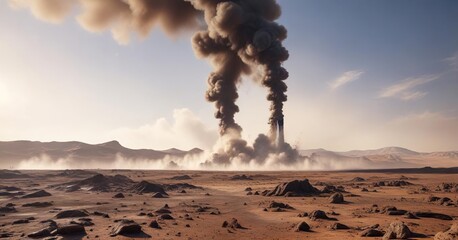 Towering smoke and steam column rising from the earth's surface in a vast, barren wasteland, desolate wasteland, pollution, toxic waste