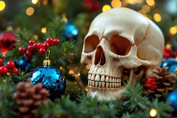 A human skull placed among Christmas decorations, surrounded by pine branches, red berries, and blue ornaments under warm lights. Ai generative