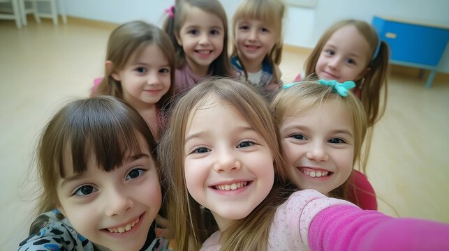 A group of cheerful schoolgirls smile brightly while taking a selfie in their lively classroom. Their happiness radiates as they enjoy each other's company on a sunny school day - Powered by Adobe
