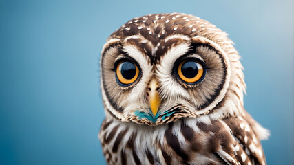 Obraz premium Adorable Little Owl with Wide Eyes Standing Against a Blue Background