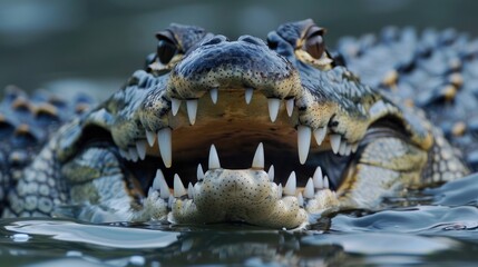 Fototapeta premium Crocodile Gavialis gangeticus, snout mouth open in the water, AI generated image