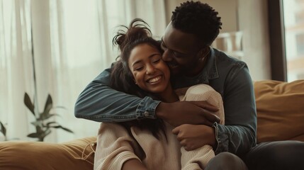 Fototapeta premium A man and woman share a warm hug on a comfortable couch, their laughter filling the cozy living room. Sunlight pours in through large windows, creating a joyful atmosphere