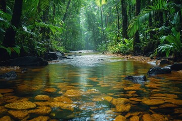 Fototapeta premium Lush tropical rainforest with a serene river flowing through vibrant greenery during the early morning mist
