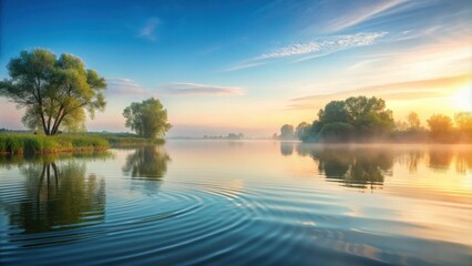 Serene Sunrise over a Calm River with Misty Trees and Peaceful Reflections