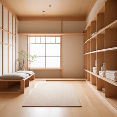 A minimalist, Muji-style wooden room with a Japandi interior design, exuding a sense of spaciousness and tranquility, awaits cleaning and organization