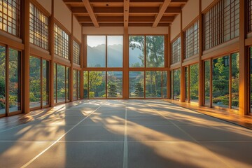 Fototapeta premium Tranquil interior of a traditional Japanese room with large windows showcasing a serene garden view in the morning light