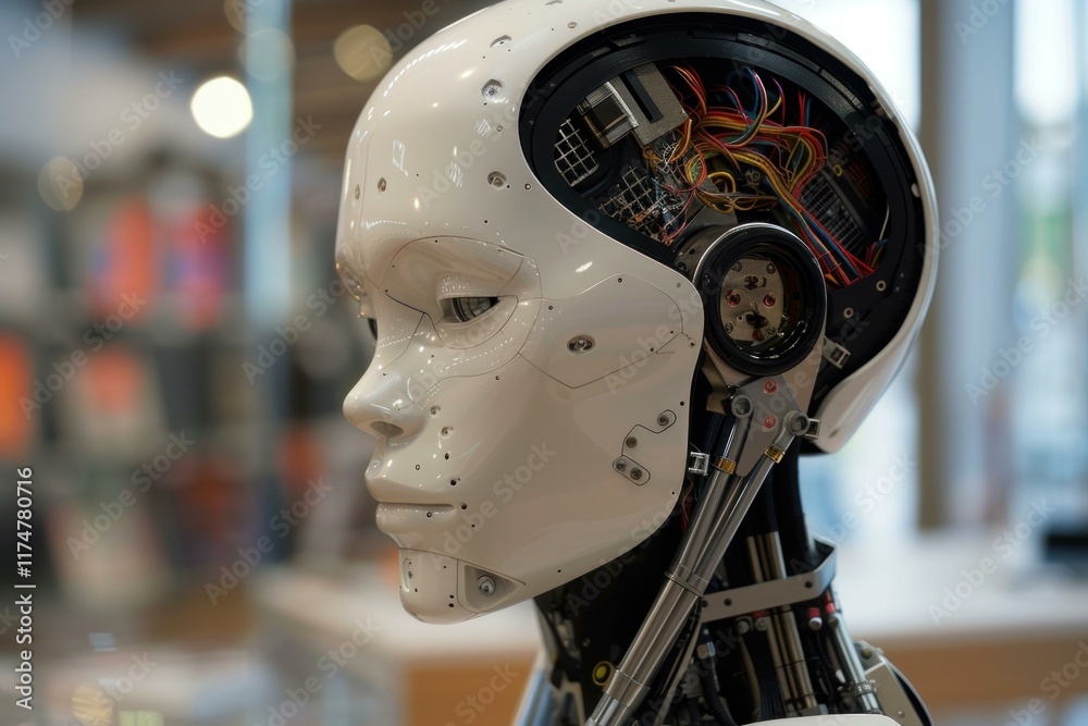 Poster humanoid robot showing artificial intelligence processing power with exposed electronic circuits