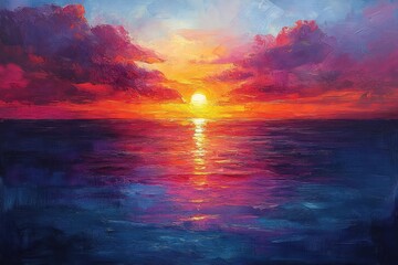 Fototapeta premium Vibrant sunset over calm ocean with colorful clouds and reflections in tranquil water