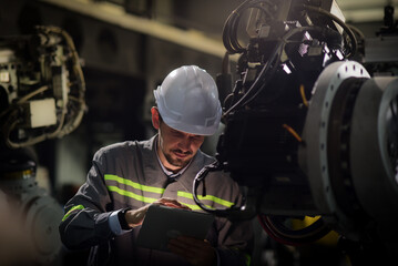 Caucasian male engineer, technician wearing safety uniform working using tablet Online information to monitor machine operation, check maintenance plan to make a machine work efficiently and safety.