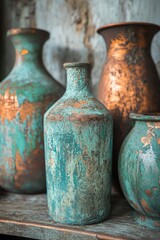 Weathered vases showcase unique patina with hues of green and copper in an artistically arranged display of aged materials