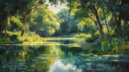 Fototapeta premium Tranquil Summer Scene: A Serene Pond in the Lush Forest