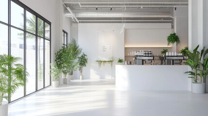 Obraz premium A single-story coffee shop in a white tone with clean lines, large windows, and potted plants lining the entrance.