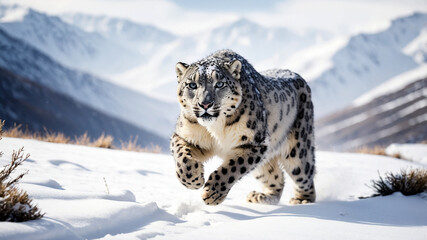 Obraz premium Snow Leopard Running Through a Snowy Landscape in Winter
