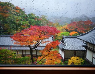 Obraz premium beauty of Fall in Japan through rainy window
