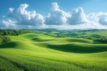 Fototapeta premium Vibrant green hills under a bright blue sky with fluffy clouds in a serene landscape