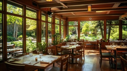 Fototapeta premium A trendy restaurant interior featuring a mix of wooden accents, greenery, and expansive windows overlooking a garden.