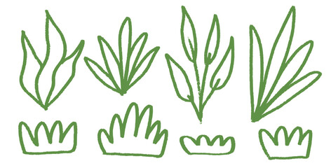 Grass and leaves crayon drawn set. Spring plants stroke doodle. Summer floral kids elements. Chalk or pastel style childish shape. Vector naive pencil illustration isolated on white background.