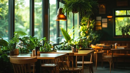 Fototapeta premium A trendy restaurant interior featuring a mix of wooden accents, greenery, and expansive windows overlooking a garden.