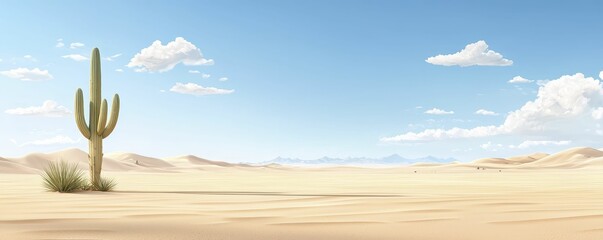 A serene desert landscape featuring a solitary cactus under a clear blue sky, embodying tranquility and the vastness of nature.