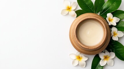 Natural Beauty Essentials: A  close-up of a wooden bowl filled with a creamy, natural beauty product, adorned with delicate white flowers and vibrant green leaves.