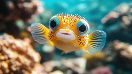 Obraz premium Adorable Porcupinefish Close-Up Underwater