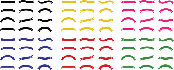 Ribbon banner bow colorful icon set. Decoration flat  vector collection isolated on transparent background. Element symbol for award, gift, flag, frame, poster, promotion, art, modern and more