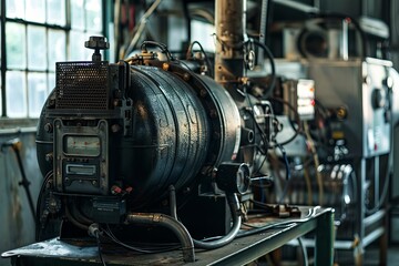 Old industrial boiler is generating heat and pressure in a factory