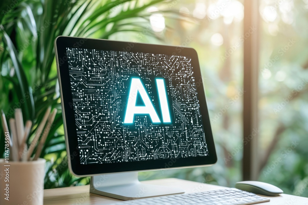 Wall mural computer screen displays ai on circuit board background