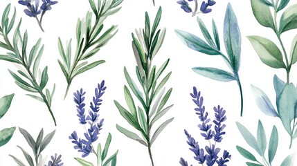 Watercolor Botanical Pattern Lavender Rosemary Sage