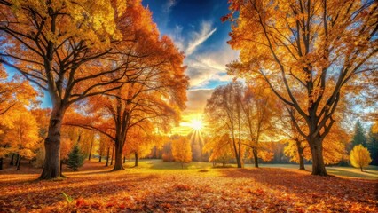 Fototapeta premium Golden autumn leaves illuminate a sun-drenched park, creating a picturesque scene of nature's vibrant beauty