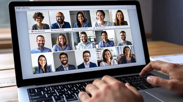 This image shows multiple faces on a video conference call displayed on a laptop screen. A vibrant online meeting environment. Perfect for remote work themes. Generative AI