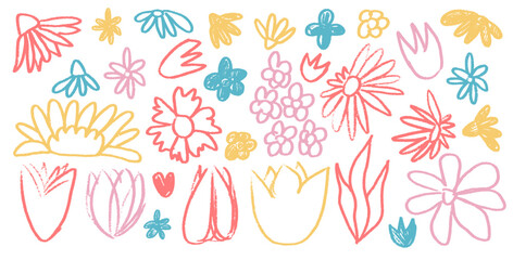 Flowers bud set. Spring tulip, daisy, chamomile and marguerite head plants doodle. Summer floral kids elements. Chalk childish shape. Vector naive pencil illustration isolated on white background.