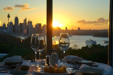 Exquisite Dining Experience with Panoramic View of Sydney Skyline at Sunset