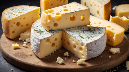 A Pile of Varieties of Cheese Including One with Holes on a Wooden Surface
