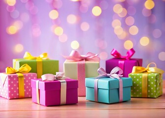 Colorful Gift Boxes on White Table - Festive Holiday Background