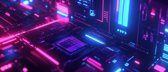 Obraz premium Futuristic Digital Circuit Board with Neon Lights in Blue and Pink