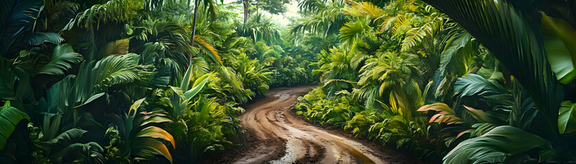 Jungle path winding through lush foliage.