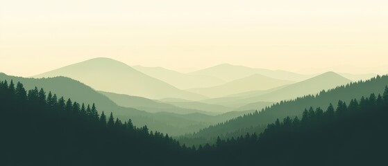 Serene Landscape of Layered Mountains and Dense Forests in Dawn Light