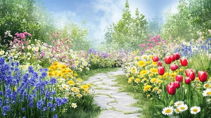 Stone Path Through A Vibrant Spring Flower Garden