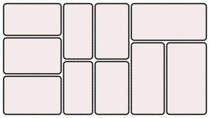 Scallop edged frame template. Bento collage grid shapes. Geometry modular moodboard borders with perforation. Label textboxes Lace frill pack. Trendy blocks blank layout. Vector flat illustration.
